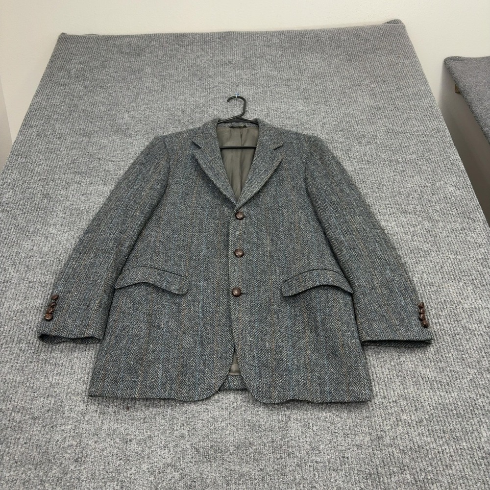 Vintage Harris Tweed Blazer Mens 42 Grey Pure Wool Herringbone Pinstripe Classic